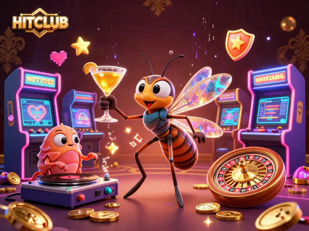 Engage in HITCLUB gaming with a lively 3D casino scene featuring vibrant characters and elements.