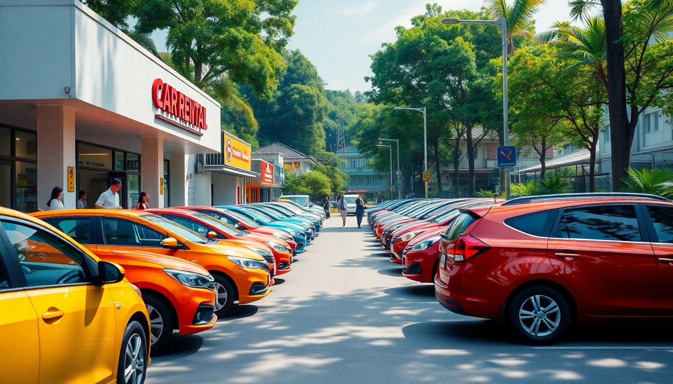 Kuching car hire services with vibrant rental cars and a welcoming atmosphere for travelers.