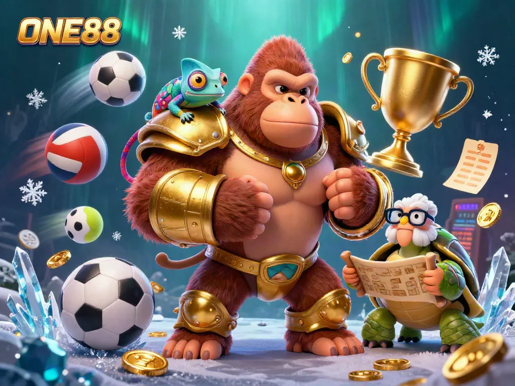 Experience the excitement of ONE88 as the gorilla king triumphs, amid dynamic sports and gambling elements.