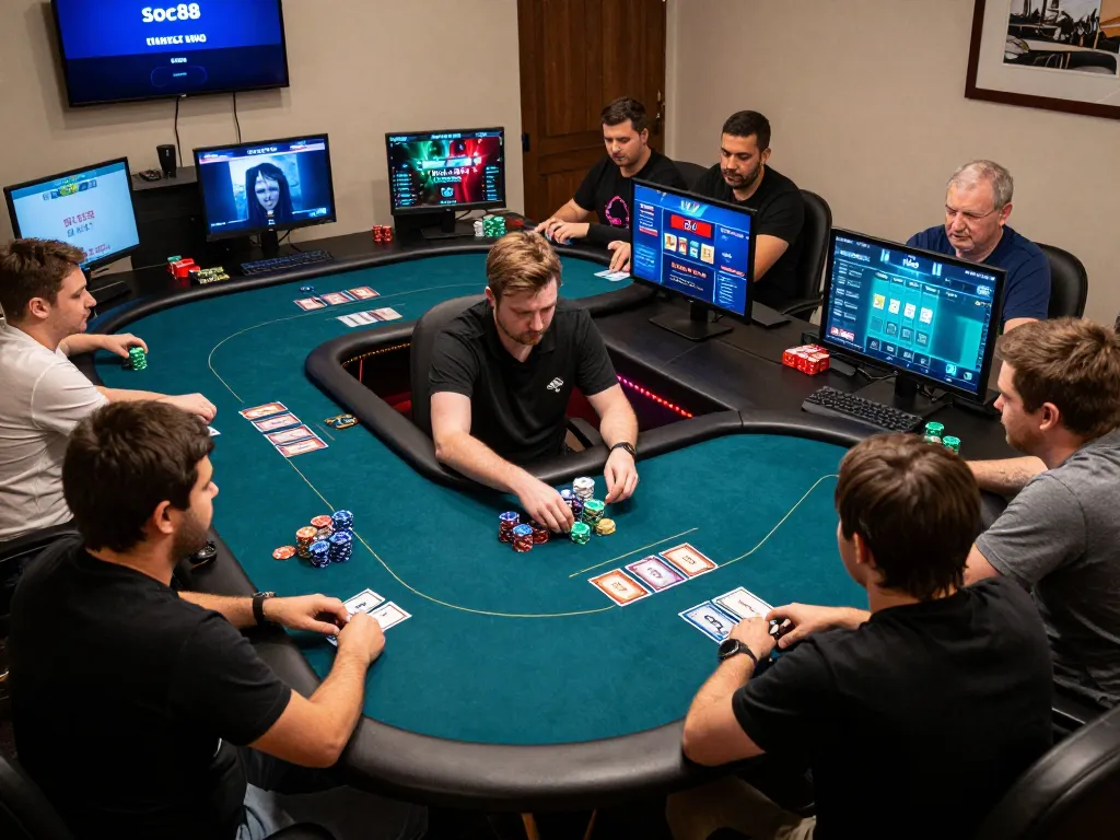Players engaging in a high-stakes poker game on Soc88's online platform, showcasing strategy and chips.