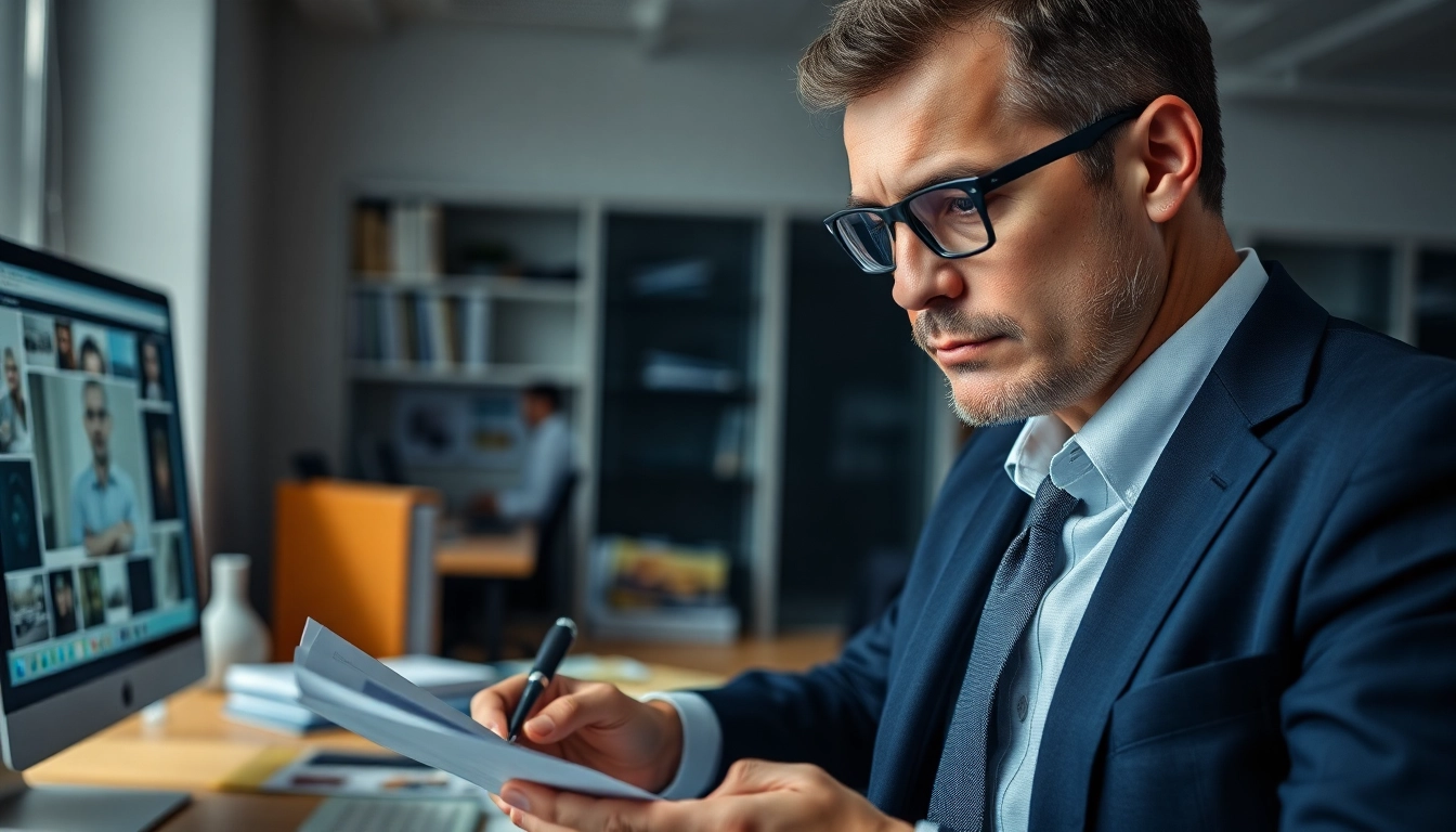 Professional conducting private investigations in a modern office, highlighting focus and analysis.