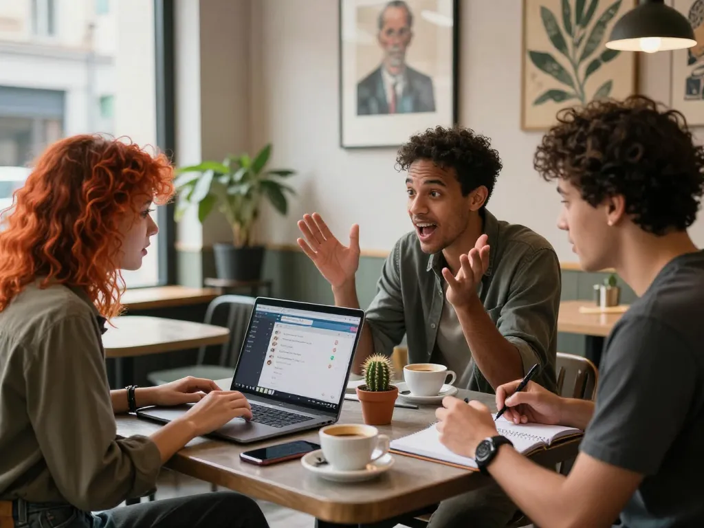 Engaging urban scene with friends discussing ai nsfw chat technology in a café, showcasing vibrant social interaction and tech.