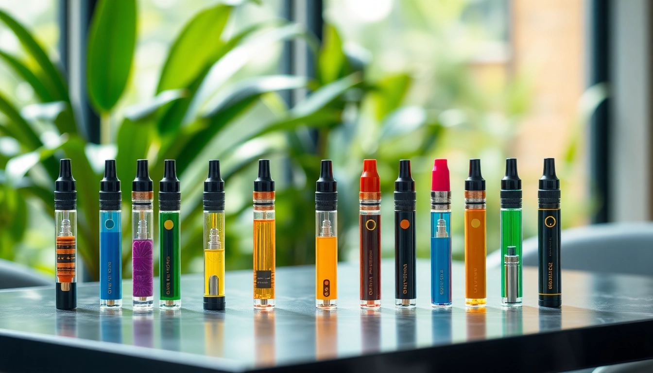 Buy Prefilled Vape Oil Cartridges UK with a colorful assortment of cartridges presented on a modern table.