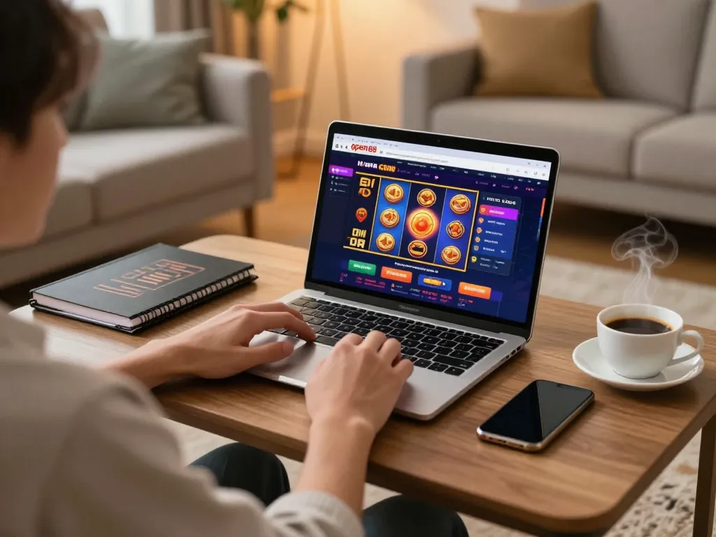 Player engaging with open88 com on a laptop in a cozy gaming setup, showcasing an exciting casino experience.