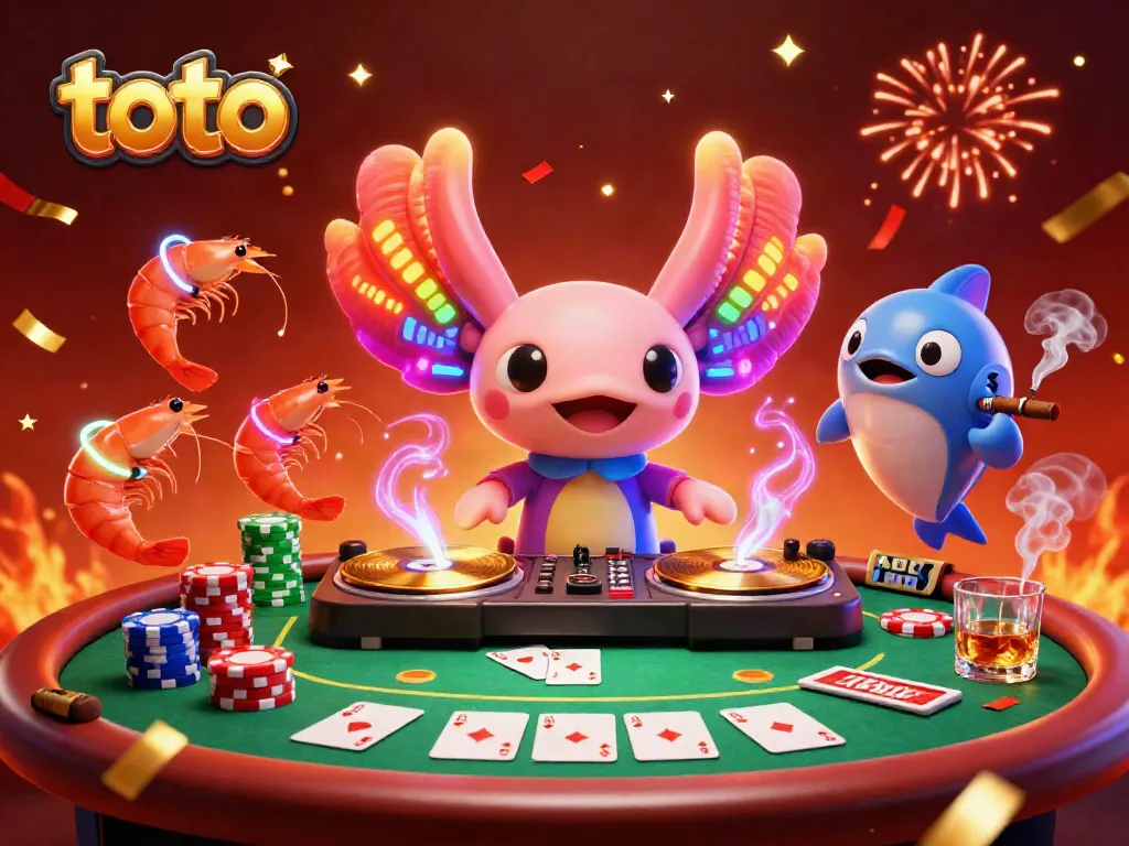 Engage in thrilling toto poker antics with vibrant underwater DJ axolotl and lively shrimp dancers.