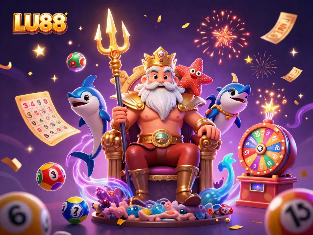 LU88 engages players in a vibrant lottery scene featuring Neptune and a swordfish samurai.