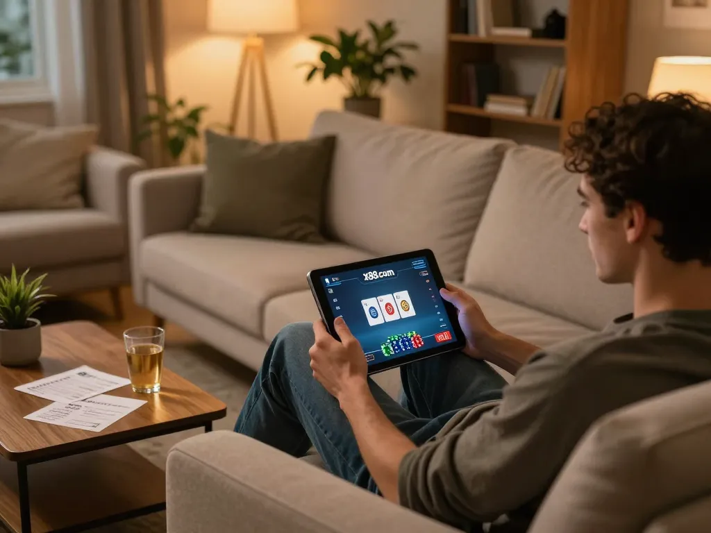 Person engaged in online gaming on x88 com with tablet, comfortable home atmosphere.