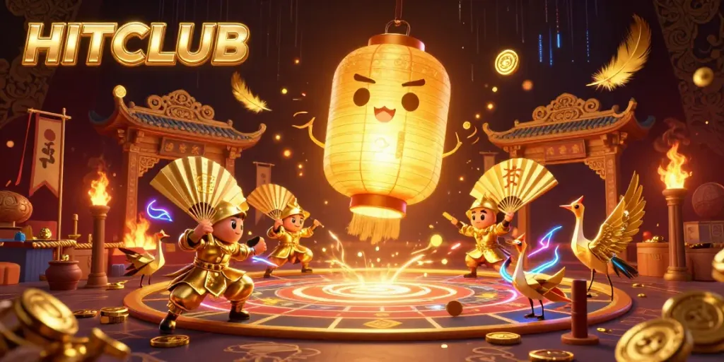 Engage with HITCLUB's immersive casino atmosphere featuring a golden lantern spirit and vibrant game elements.