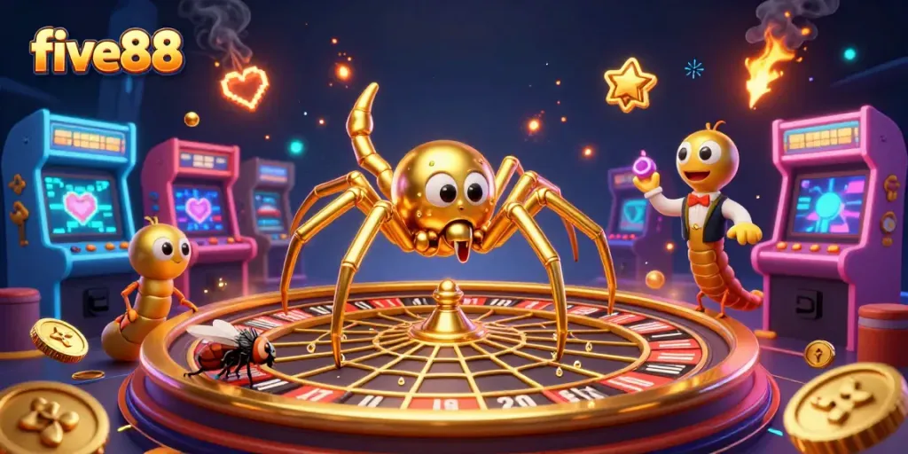 Engaging five88 gaming scene with a golden spider croupier, showcasing interactive bets and gaming excitement.