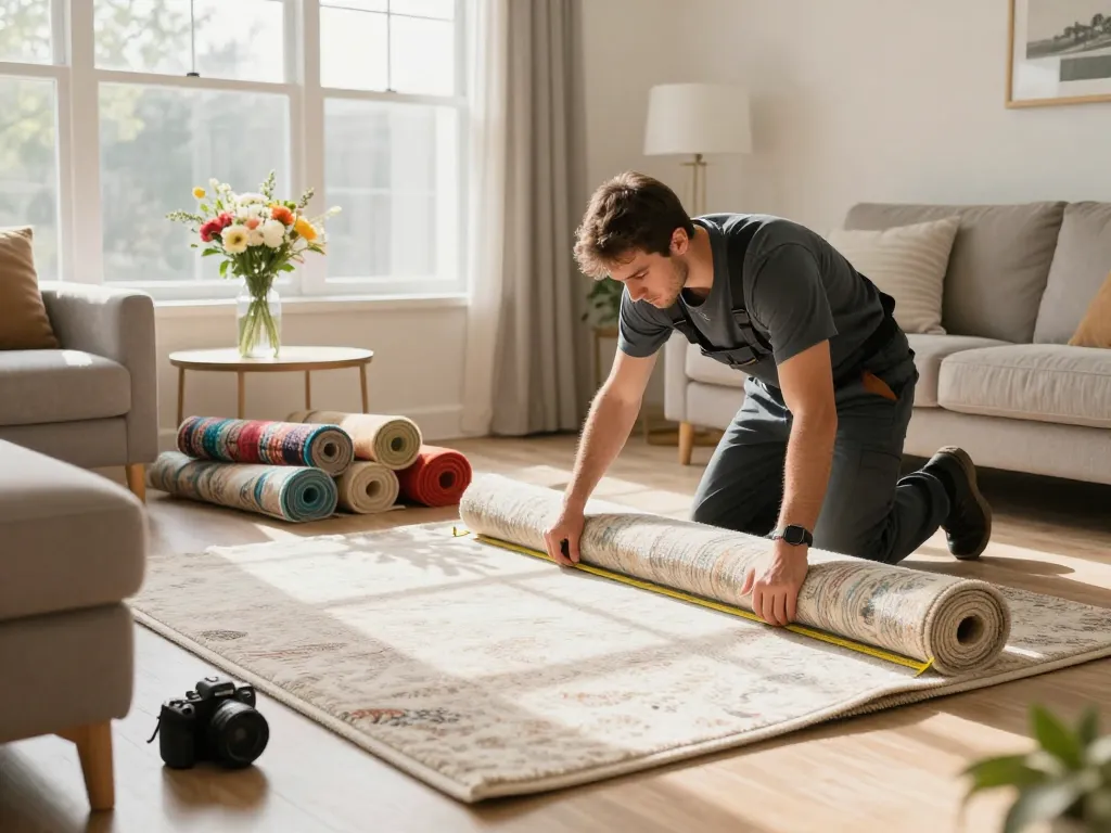 Residential carpet installation with skilled installer measuring new carpet in a bright living room.