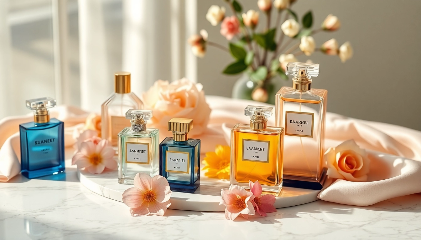Beautiful collection of perfumes inspired by perfumes on a marble tabletop with floral accents.