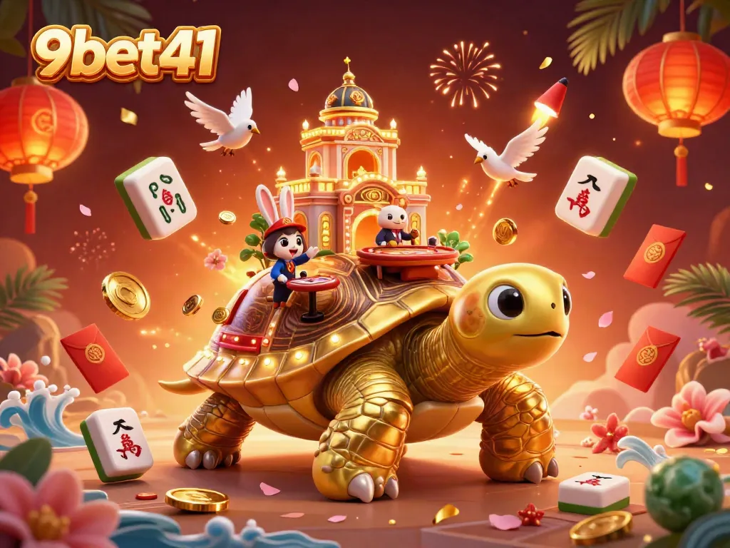 Engage with thrilling gaming visuals at 9bet41 featuring a golden tortoise casino and playful elements.