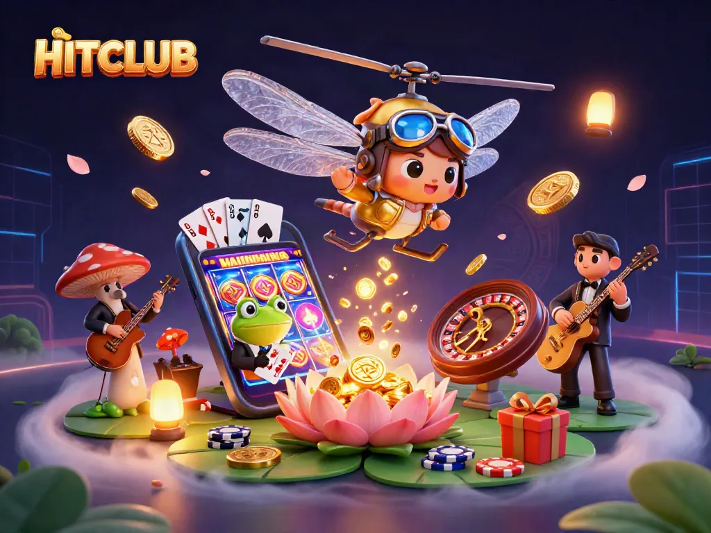 HITCLUB players winning big at a lily pad casino with vibrant characters and slot dynamics.