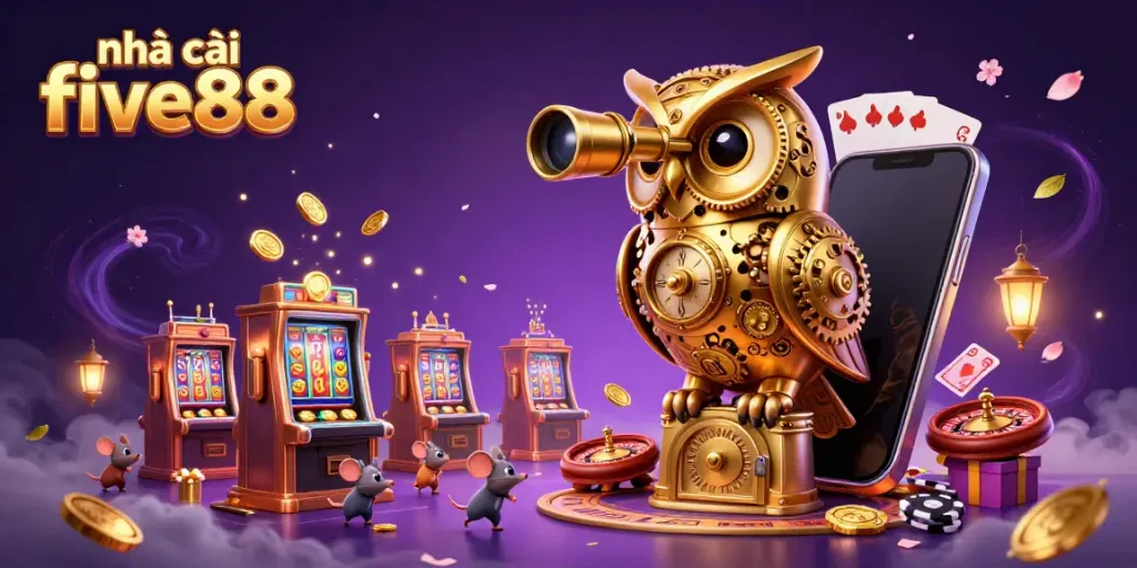 Engage with nhà cái five88 at a lively casino floor, featuring a clockwork owl and vibrant game elements.