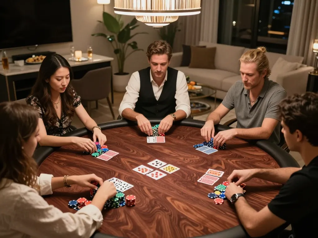 Players sharply focused on their hands during an intense mm88 com poker game night with vibrant chips and cards.