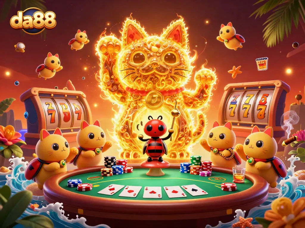 Join the fun at da88 with a golden lucky cat and dynamic casino elements in a vibrant scene.