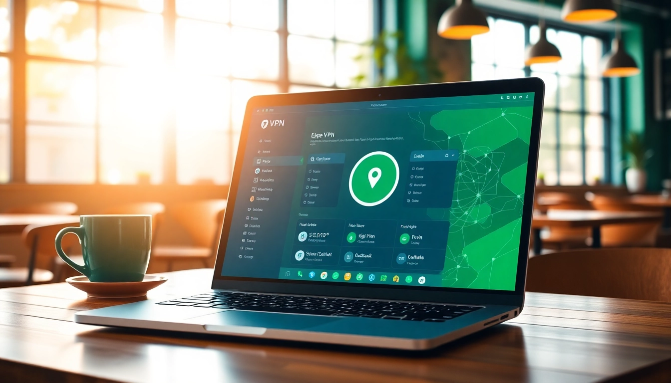 快连VPN 应用在舒适的咖啡店里的一台时尚笔记本电脑上显示，象征安全的在线连接。