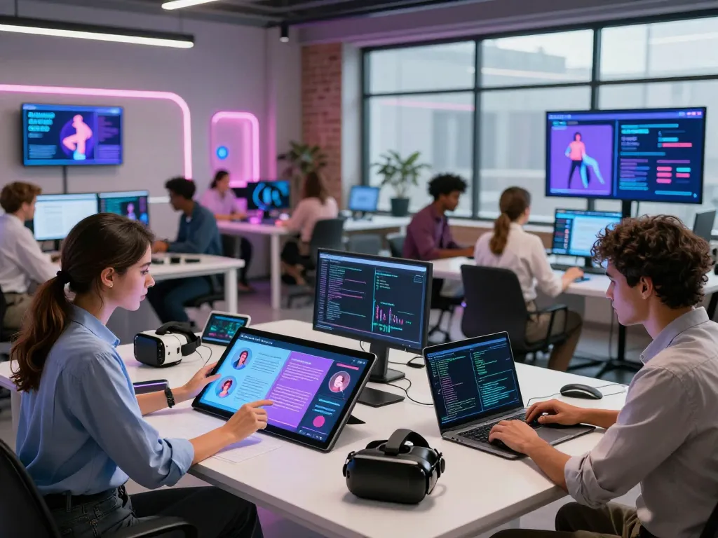 Innovative tech hub showcasing sex AI applications with diverse experts collaborating in a modern workspace.