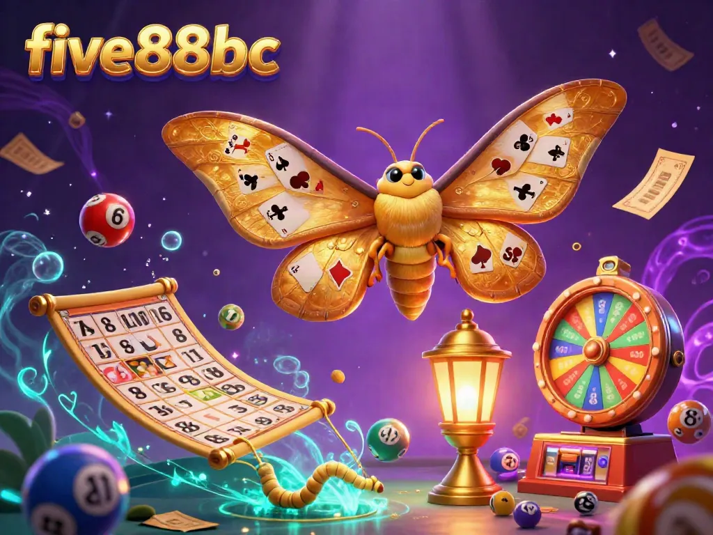 Experience the excitement of five88bc with a vibrant 3D illustration of dynamic lottery games, golden elements, and casino motifs.