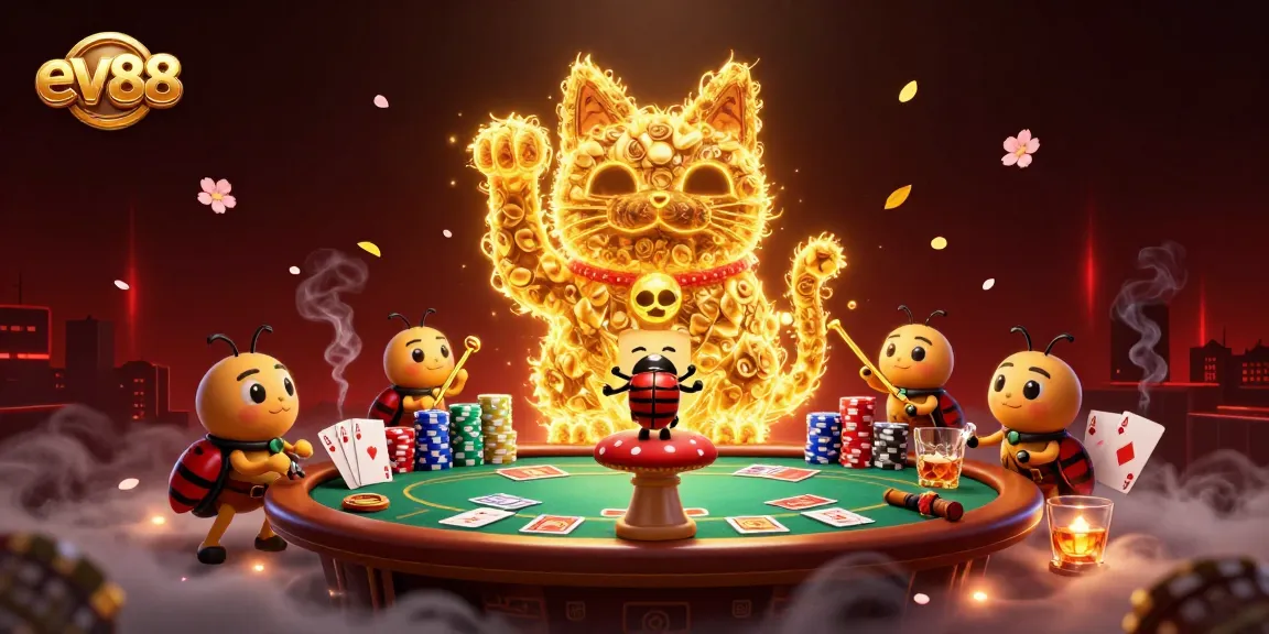 Engage with the dynamic world of ev88 as golden fireflies form a lucky cat amidst vibrant casino action.