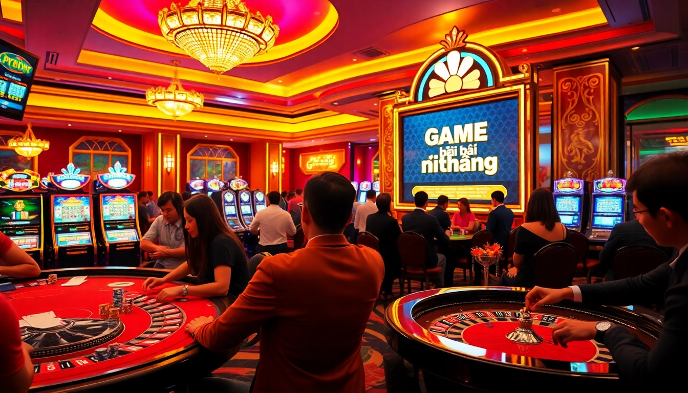 Exciting scene of players in a casino engaged in game bài đổi thưởng activities at poker and roulette tables.