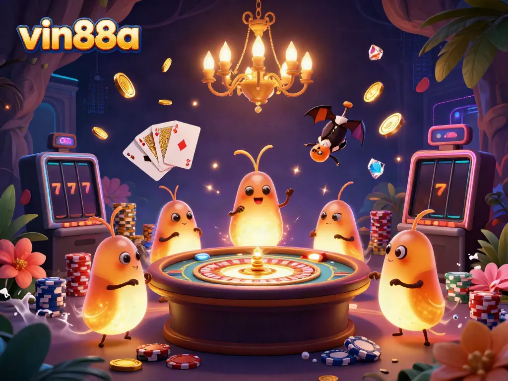 Experience the vibrant vin88a cave casino with glowing glowworms and a bat dealer in this epic 3D illustration.