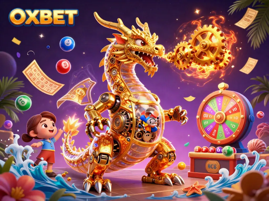 Experience the thrilling action at OXBET with vibrant lottery elements and a stunning golden dragon.