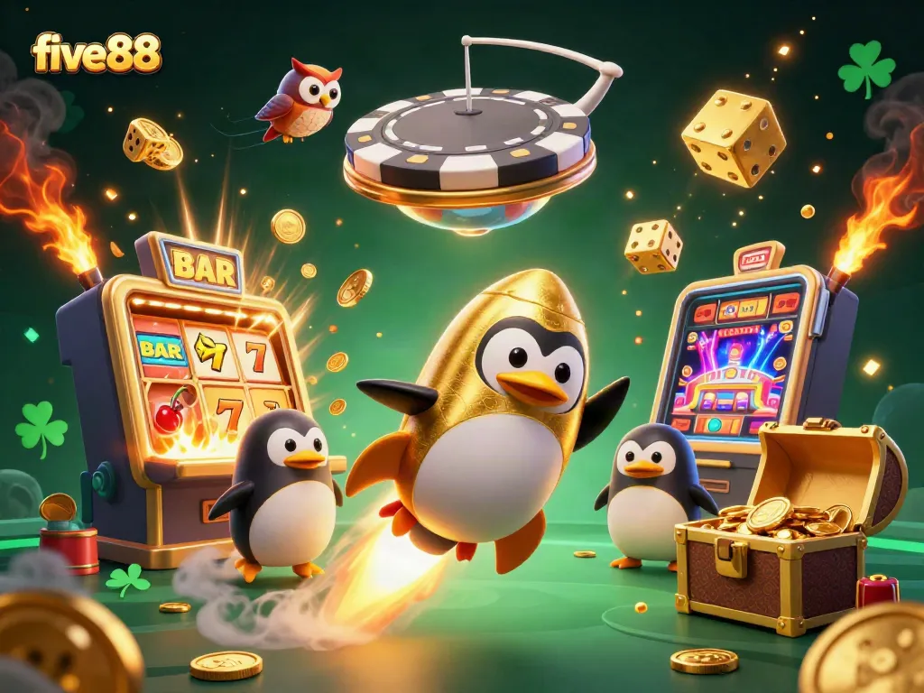 Experience the excitement of five88 with a vibrant casino scene featuring a golden penguin and jackpot elements.