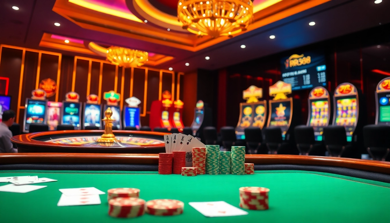 Experience the excitement of online gambling at trang chủ rr88, showcasing a poker table with vibrant chips and cards.
