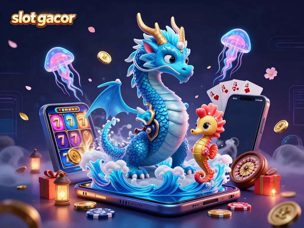 Experience slot gacor with a stunning 3D digital scene featuring a mystical water dragon and gaming elements.