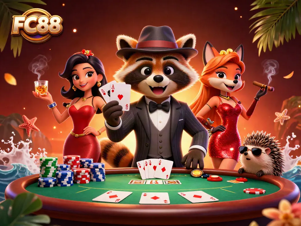 Engage in exciting gameplay at FC88 with unique characters at a vibrant poker table.