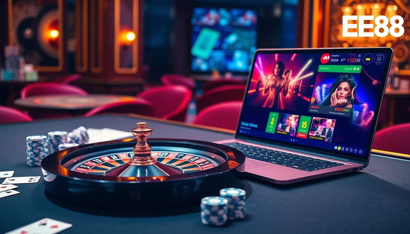 Experience premium gaming with Nhà cái EE88 at a vibrant, luxurious casino setup.