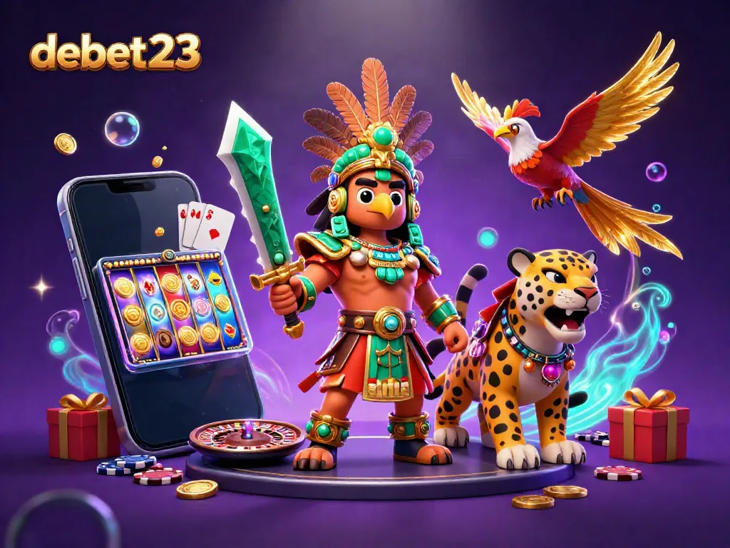 Experience thrilling gameplay at debet23 with Aztec warriors amidst dazzling casino symbols.