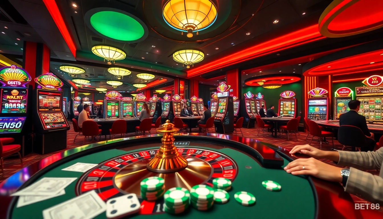 Engaging scene of BET 88 online casino games with poker chips and vibrant slot machines.