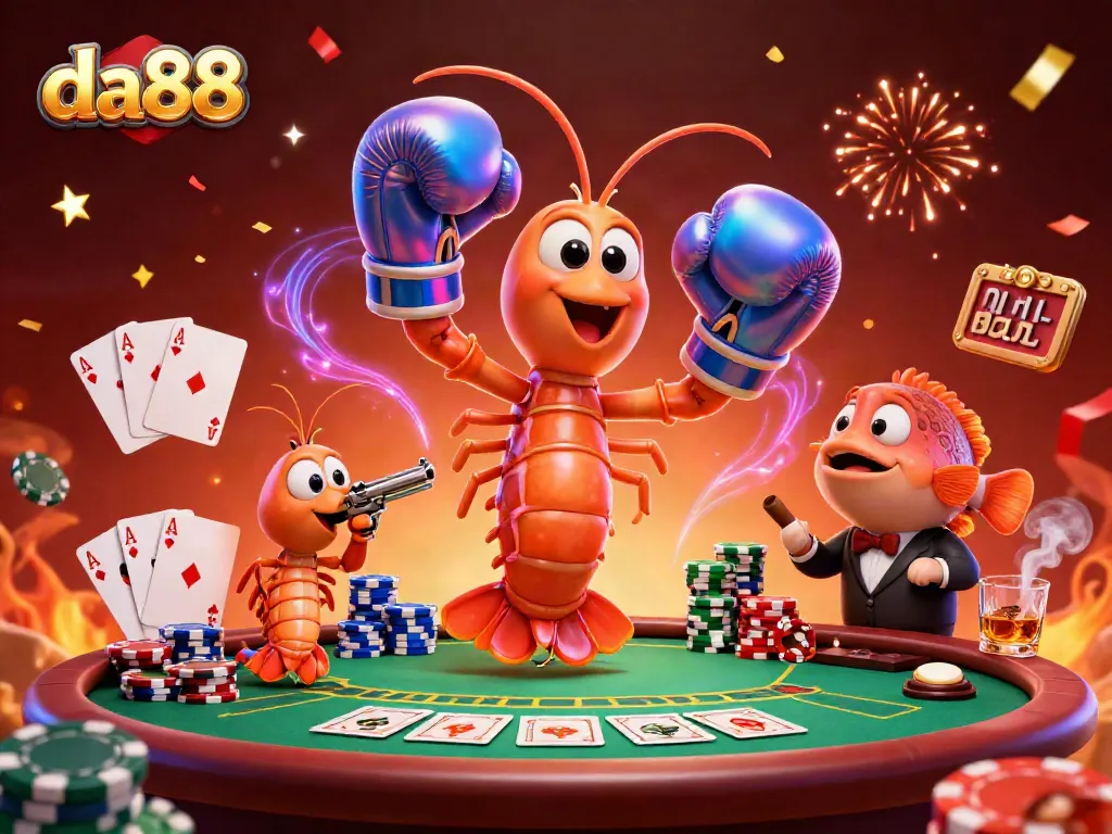Experience da88's vibrant casino atmosphere with animated characters and dynamic poker elements.