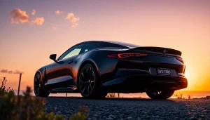 The SV 88 luxury vehicle parked on a scenic coastal road at sunset.