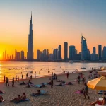 Experience the vibrant skyline during sunset while planning to travel to Dubai, featuring the Burj Khalifa.