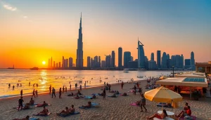 Experience the vibrant skyline during sunset while planning to travel to Dubai, featuring the Burj Khalifa.