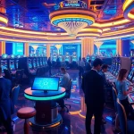 Explore New Technology in a futuristic casino with VR gaming stations and holographic displays.