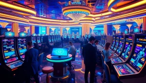 Explore New Technology in a futuristic casino with VR gaming stations and holographic displays.