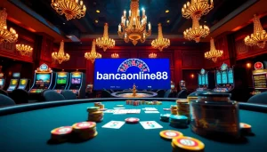 bancaonline88 showcases an exciting poker table with colorful chips, enhancing an immersive casino atmosphere.