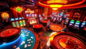 Experience the thrilling atmosphere of FB 88 Casino with lively tables, vibrant slot machines, and dynamic betting action.