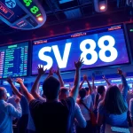Celebrate a thrilling sports bet win at SV 88 with diverse fans cheering and glowing digital displays.