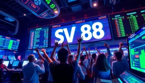 Celebrate a thrilling sports bet win at SV 88 with diverse fans cheering and glowing digital displays.