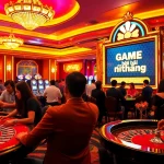 Exciting scene of players in a casino engaged in game bài đổi thưởng activities at poker and roulette tables.