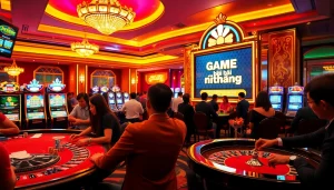 Exciting scene of players in a casino engaged in game bài đổi thưởng activities at poker and roulette tables.