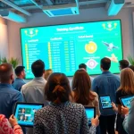 Employees engaged in training gamification activities with digital leaderboards and interactive training modules.