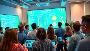 Employees engaged in training gamification activities with digital leaderboards and interactive training modules.