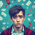 The long-term consequences of not learning to save while you’re young? depicted through a distressed young adult surrounded by bills and debt.