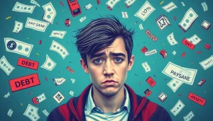 The long-term consequences of not learning to save while you’re young? depicted through a distressed young adult surrounded by bills and debt.